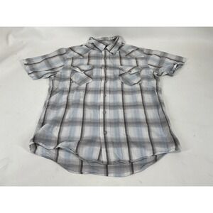 BKE Buckle Contour Button Up Snap Front Short Sleeve Plaid Shirt Mens M‎ Blue